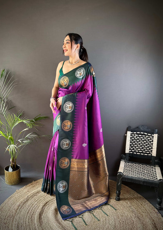 Sonakshi Women's Purple Banarasi Silk Zari Woven Traditional Saree with Blouse | Swadesiicart