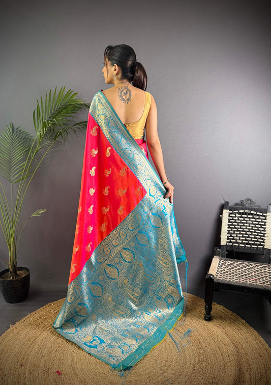 Sonakshi Women's Red Banarasi Silk Zari Woven Traditional Saree with Blouse | Swadesiicart