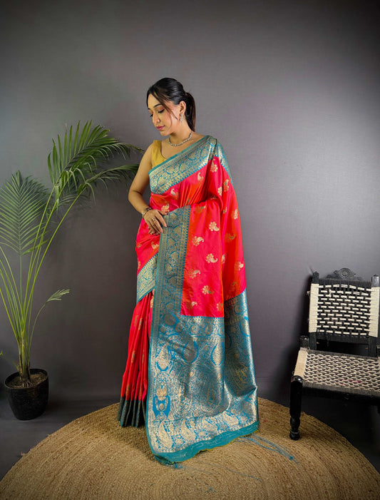 Sonakshi Women's Red Banarasi Silk Zari Woven Traditional Saree with Blouse | Swadesiicart