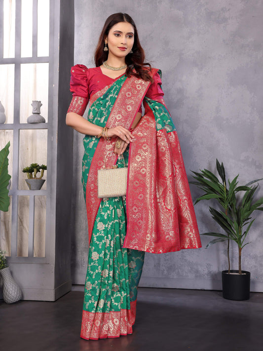 Sonakshi Women's Teal Banarasi Silk Zari Woven Traditional Saree with Blouse | Swadesiicart