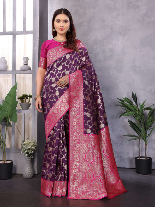 Sonakshi Women's Purple Banarasi Silk Zari Woven Traditional Saree with Blouse | Swadesiicart