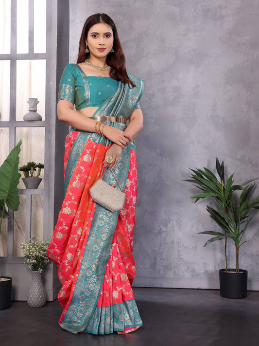 Sonakshi Women's Peach Banarasi Silk Zari Woven Traditional Saree with Blouse | Swadesiicart