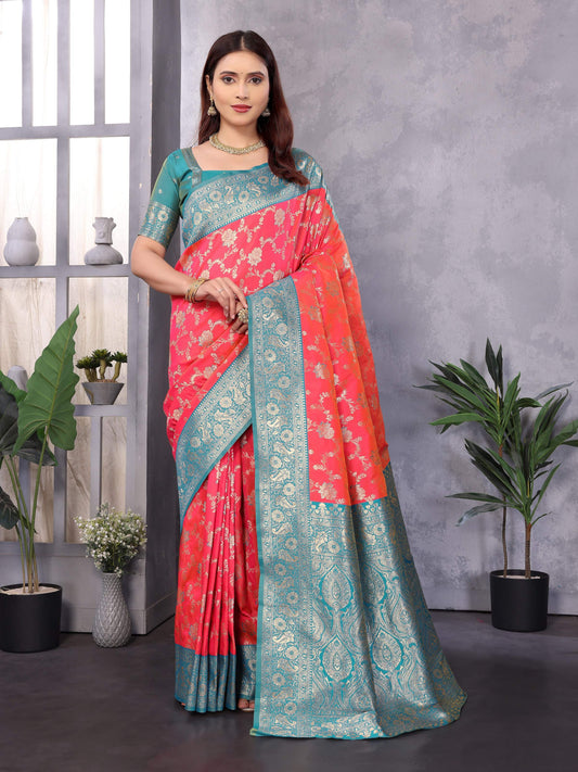 Sonakshi Women's Peach Banarasi Silk Zari Woven Traditional Saree with Blouse | Swadesiicart