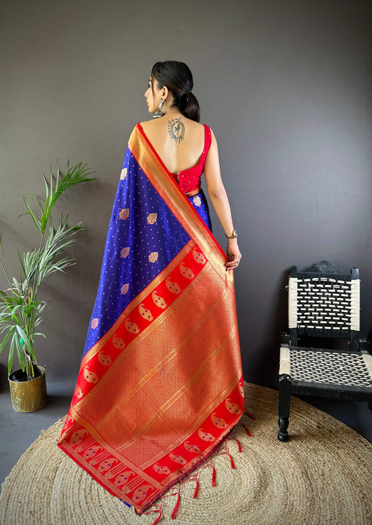 Sonakshi Women's Navy Blue Banarasi Silk Zari Woven Traditional Saree with Blouse | Swadesiicart