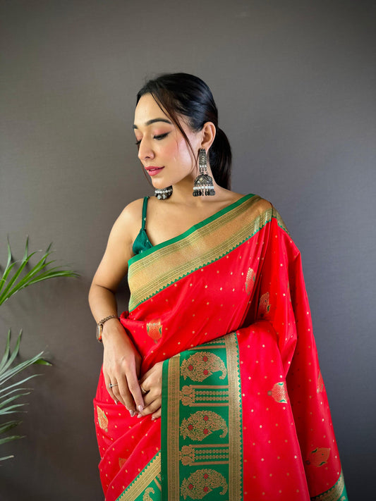 Sonakshi Women's Red Banarasi Silk Zari Woven Traditional Saree with Blouse | Swadesiicart