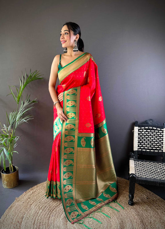 Sonakshi Women's Red Banarasi Silk Zari Woven Traditional Saree with Blouse | Swadesiicart