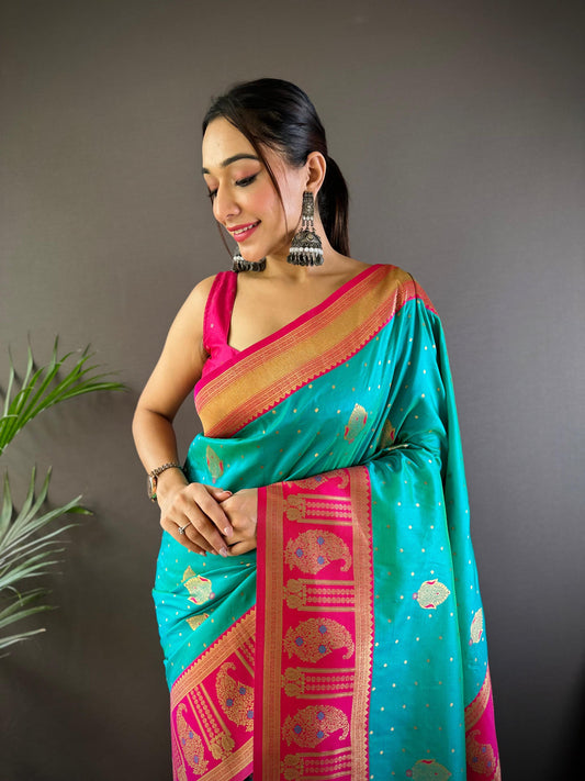 Sonakshi Women's Seagreen Banarasi Silk Zari Woven Traditional Saree with Blouse | Swadesiicart