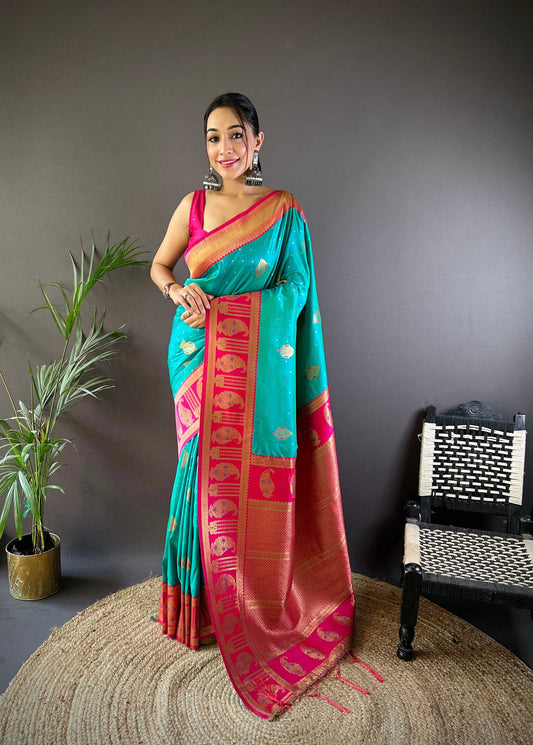 Sonakshi Women's Seagreen Banarasi Silk Zari Woven Traditional Saree with Blouse | Swadesiicart