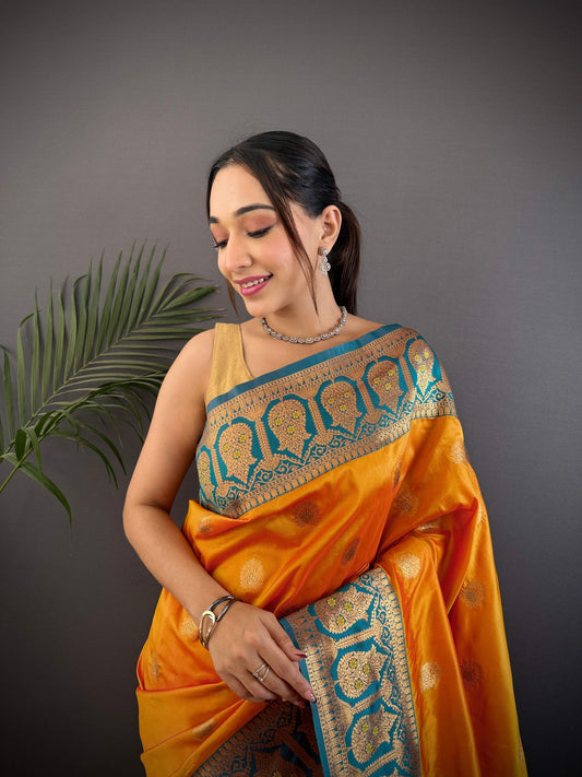Sonakshi Women's Morepeech Banarasi Silk Zari Woven Traditional Saree with Blouse | Swadesiicart
