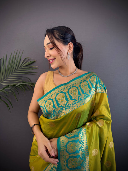 Sonakshi Women's Mehendi Banarasi Silk Zari Woven Traditional Saree with Blouse | Swadesiicart