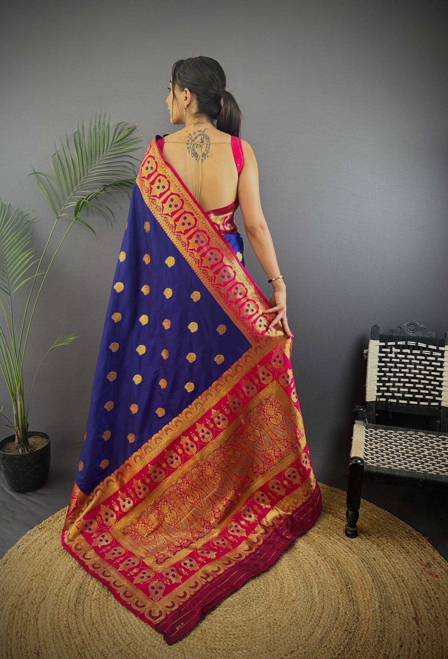 Sonakshi Women's Navy Blue Banarasi Silk Zari Woven Traditional Saree with Blouse | Swadesiicart