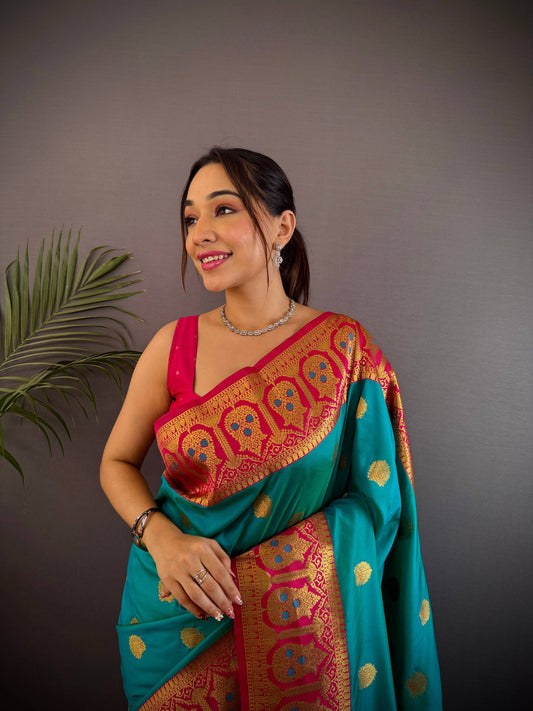 Sonakshi Women's Teal Banarasi Silk Zari Woven Traditional Saree with Blouse | Swadesiicart