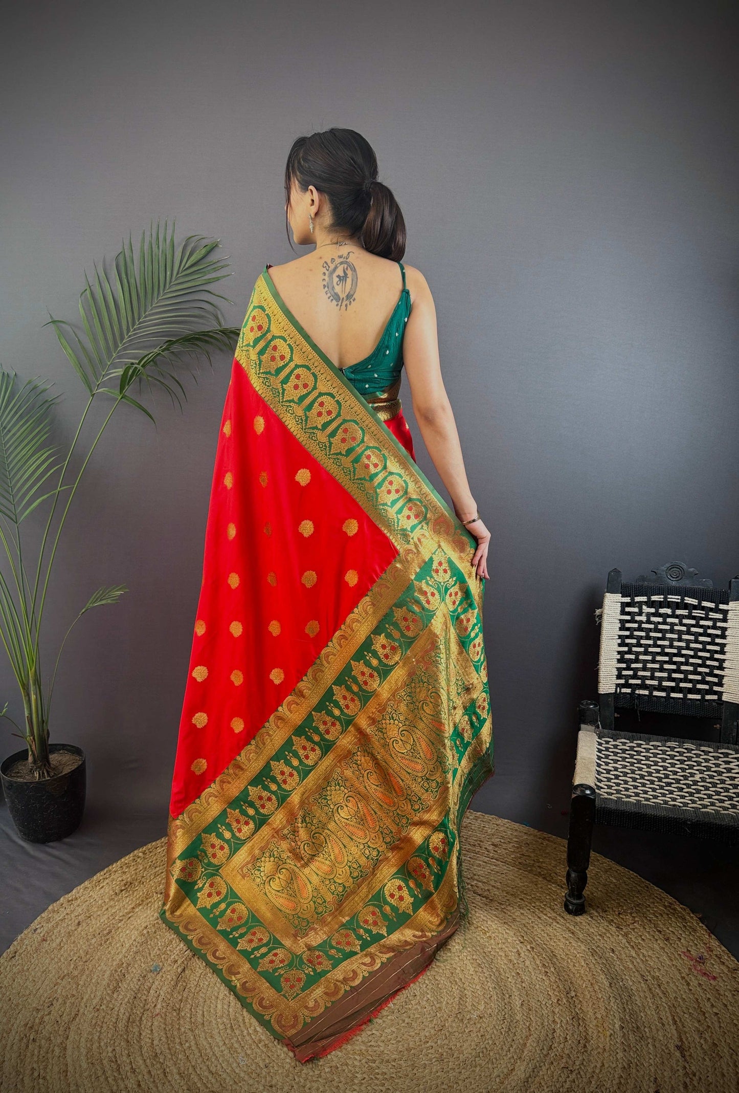 Sonakshi Women's Red Banarasi Silk Zari Woven Traditional Saree with Blouse | Swadesiicart