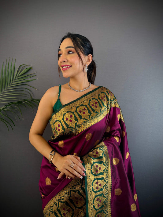 Sonakshi Women's Wine Banarasi Silk Zari Woven Traditional Saree with Blouse | Swadesiicart