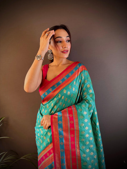 Sonakshi Women's Teal Banarasi Silk Zari Woven Traditional Saree with Blouse | Swadesiicart