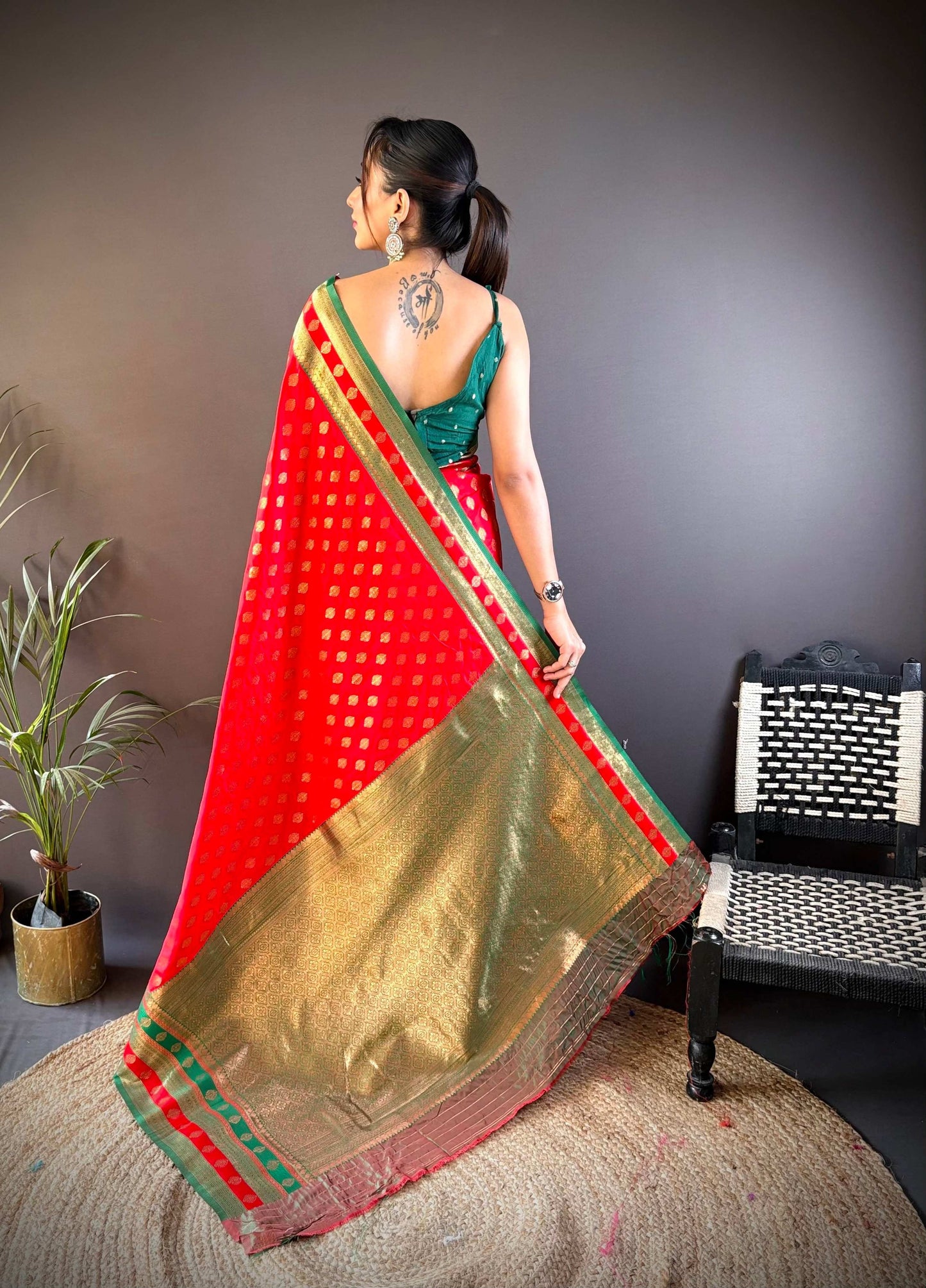Sonakshi Women's Red Banarasi Silk Zari Woven Traditional Saree with Blouse | Swadesiicart