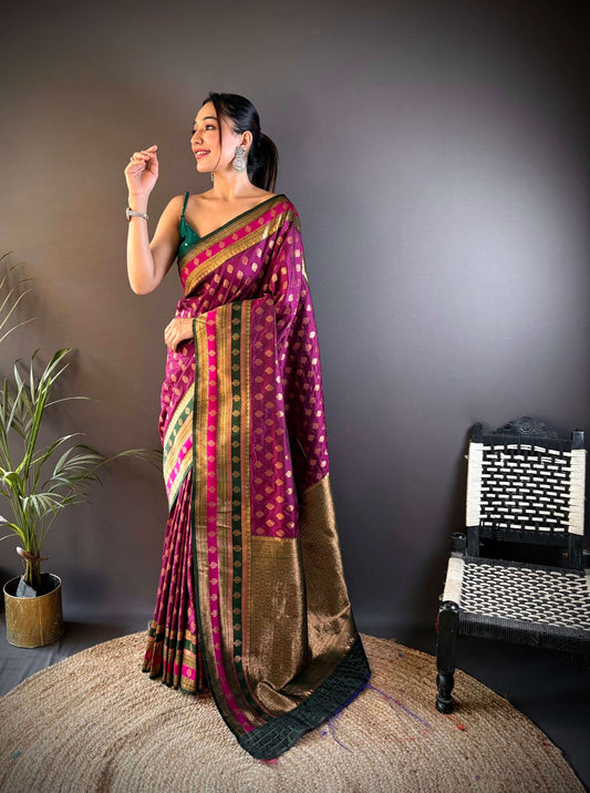 Sonakshi Women's Wine Banarasi Silk Zari Woven Traditional Saree with Blouse | Swadesiicart
