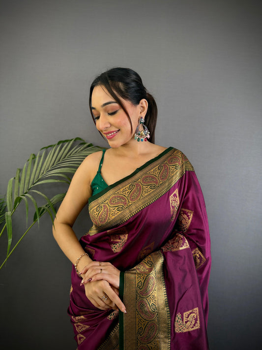 Sonakshi Women's Wine Banarasi Silk Zari Woven Traditional Saree with Blouse | Swadesiicart
