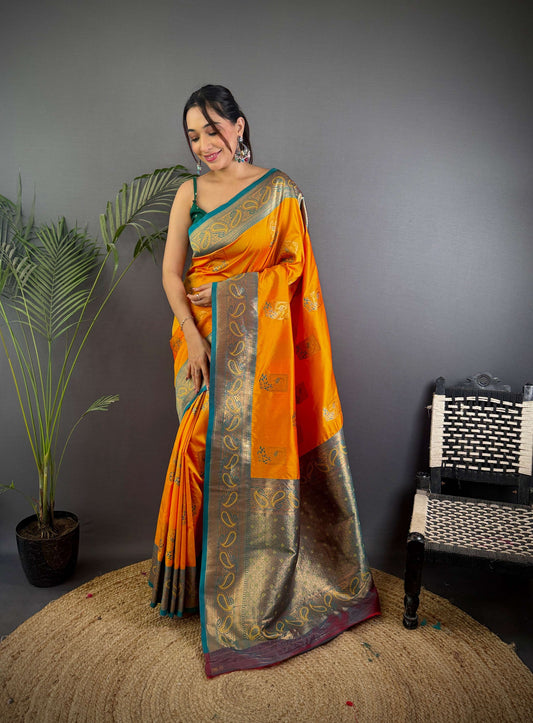 Sonakshi Women's Yellow Banarasi Silk Zari Woven Traditional Saree with Blouse | Swadesiicart