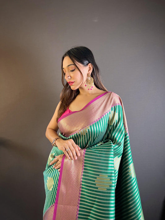 Sonakshi Women's Teal Banarasi Silk Zari Woven Traditional Saree with Blouse | Swadesiicart
