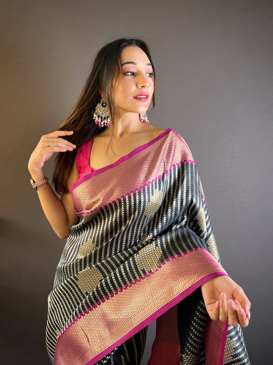 Sonakshi Women's Black Banarasi Silk Zari Woven Traditional Saree with Blouse | Swadesiicart
