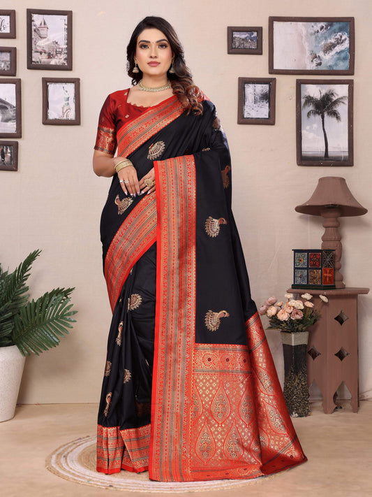 Sonakshi Women's Black Banarasi Silk Zari Woven Traditional Saree with Blouse | Swadesiicart