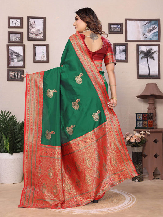 Sonakshi Women's Green Banarasi Silk Zari Woven Traditional Saree with Blouse | Swadesiicart
