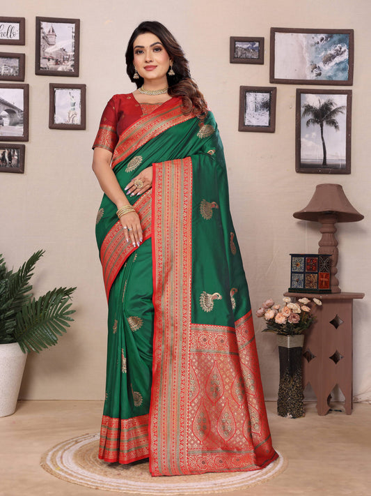 Sonakshi Women's Green Banarasi Silk Zari Woven Traditional Saree with Blouse | Swadesiicart