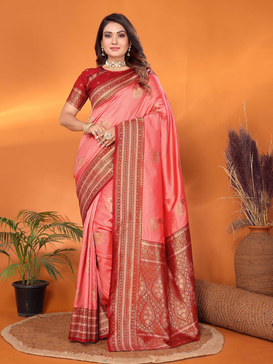 Sonakshi Women's Pink Banarasi Silk Zari Woven Traditional Saree with Blouse | Swadesiicart