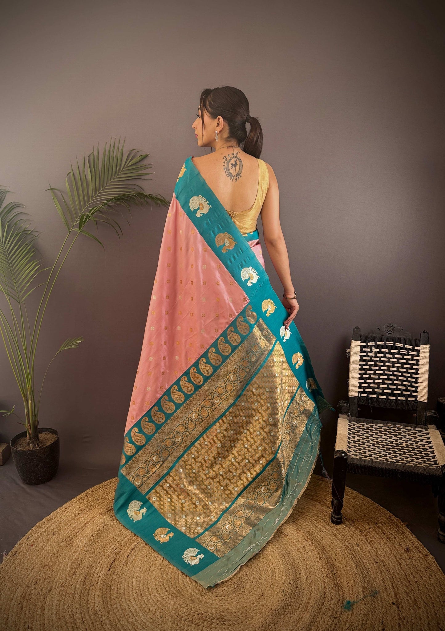 Sonakshi Women's Peach Banarasi Silk Zari Weaving Saree with Blouse | Swadesiicart