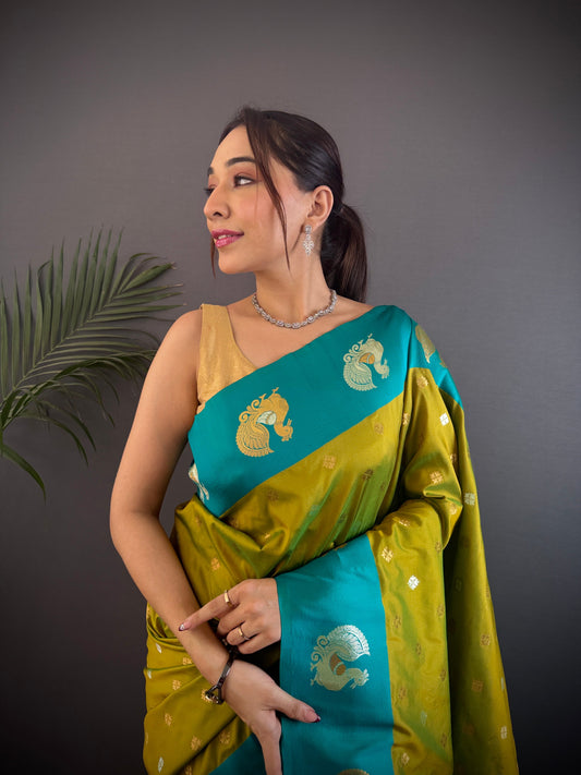 Sonakshi Women's Mehendi Banarasi Silk Zari Weaving Saree with Blouse | Swadesiicart