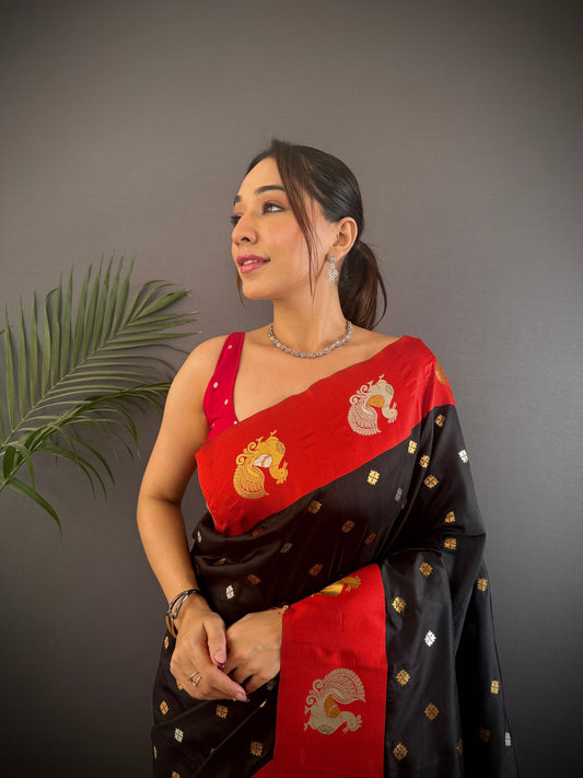 Sonakshi Women's Black Banarasi Silk Zari Weaving Saree with Blouse | Swadesiicart