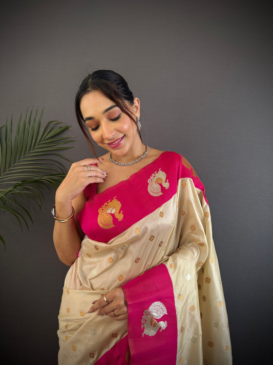 Sonakshi Women's White Banarasi Silk Zari Weaving Saree with Blouse | Swadesiicart