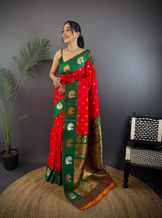 Sonakshi Women's Red Banarasi Silk Zari Weaving Saree with Blouse | Swadesiicart