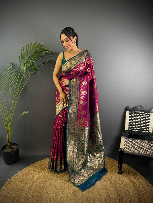 Sonakshi Women's Wine Banarasi Silk Zari Weaving Saree with Blouse | Swadesiicart