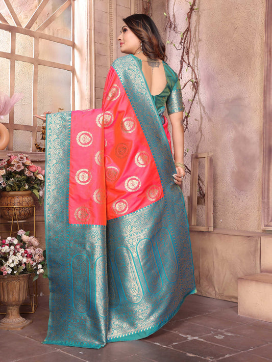 Sonakshi Women's Peach Banarasi Silk Zari Weaving Saree with Blouse | Swadesiicart