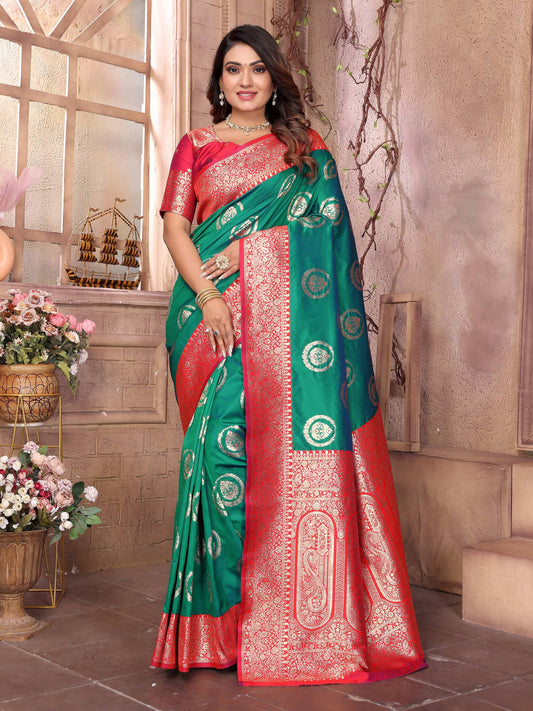Sonakshi Women's Green Banarasi Silk Zari Weaving Saree with Blouse | Swadesiicart