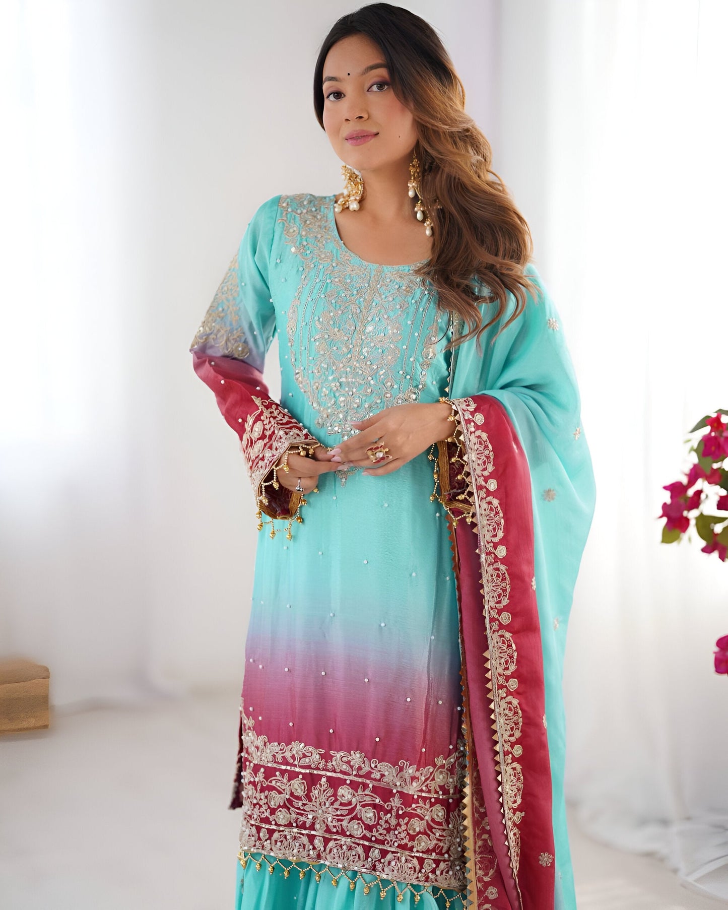 Lehenga Mart Designer Wedding Wear Plazzo Suit for Women - Sky Blue - Swadesiicart