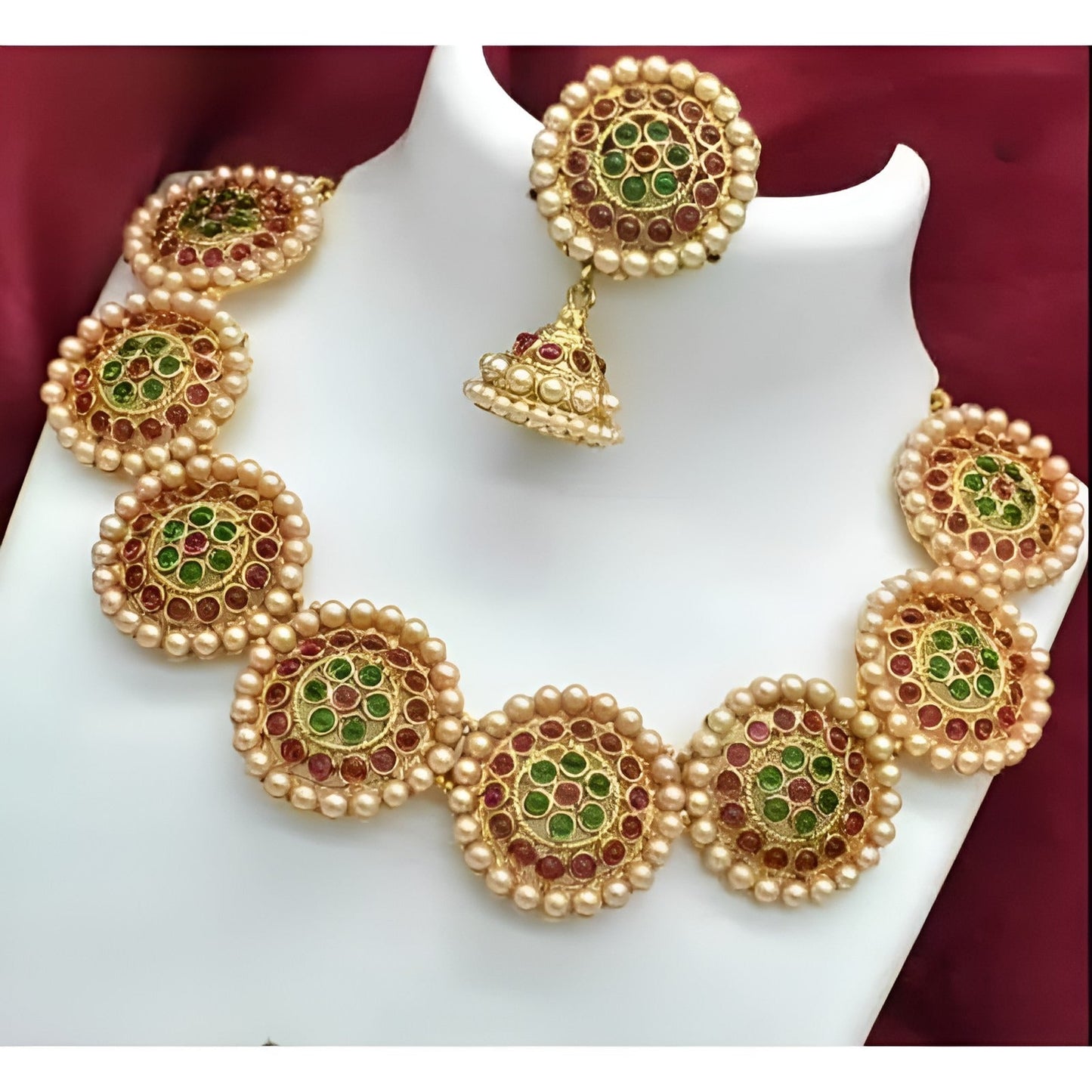 Jewel City Antique Gold Floral Round Disc Necklace Set - Kemp Stone Traditional Choker with Earrings - Handcrafted Temple Jewelry | Swadesiicart