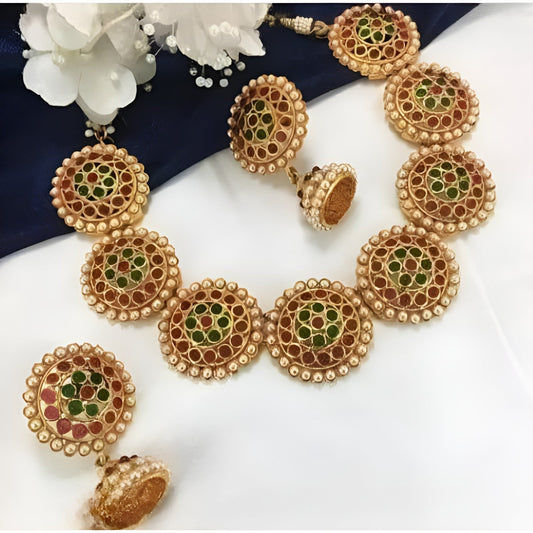 Jewel City Antique Gold Floral Round Disc Necklace Set - Kemp Stone Traditional Choker with Earrings - Handcrafted Temple Jewelry | Swadesiicart