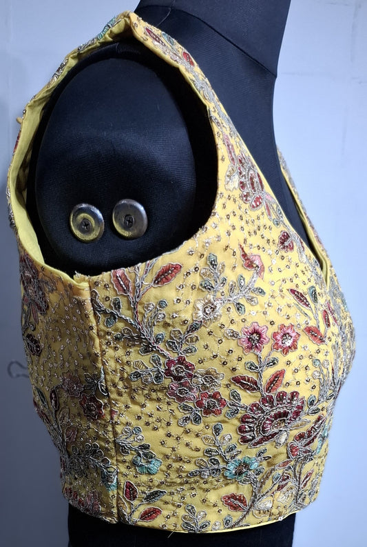 Kia Fashions Eggyolk Yellow Georgette Multi Color Emb & Sqn Readymade Blouse - Swadesiicart