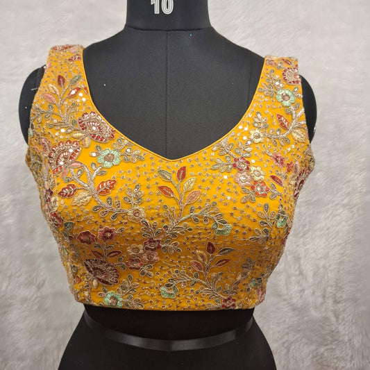 Kia Fashions Mustard Yellow Georgette Multi Color Emb & Sqn Readymade Blouse - Swadesiicart