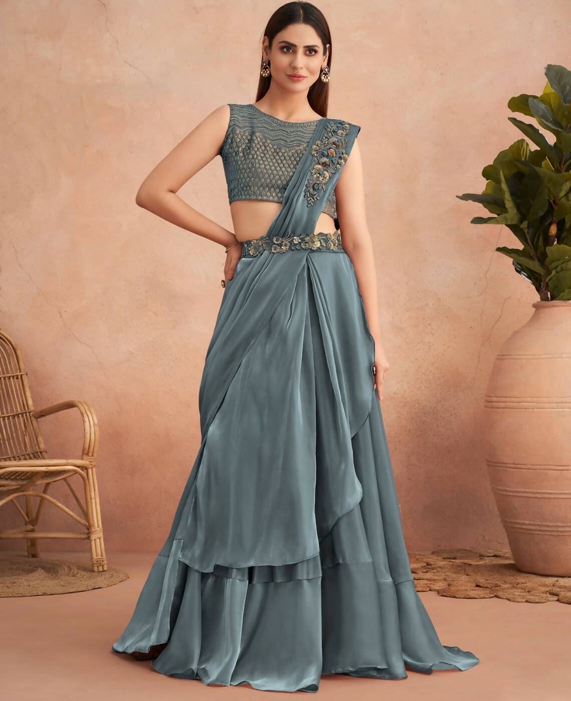 Blue Satin Embroidered Ready To Wear Saree With Unstitched Blouse Piece - Nandika | Swadesiicart