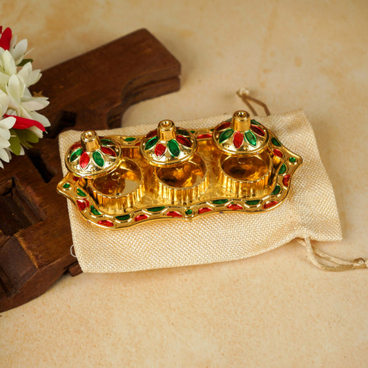 Sri Rudra Fiber Gold Kumkum Haldi Chandan Tray (SR 01962) - Swadesiicart
