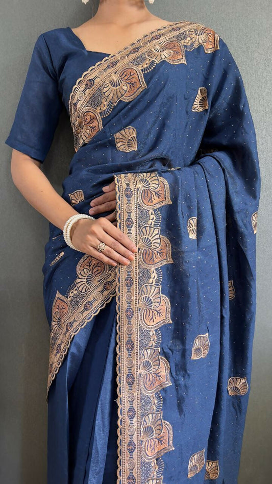 Vastranavya Blue Vichitra Silk Zari with Swarovski Work Ready to Wear Saree | Swadesiicart