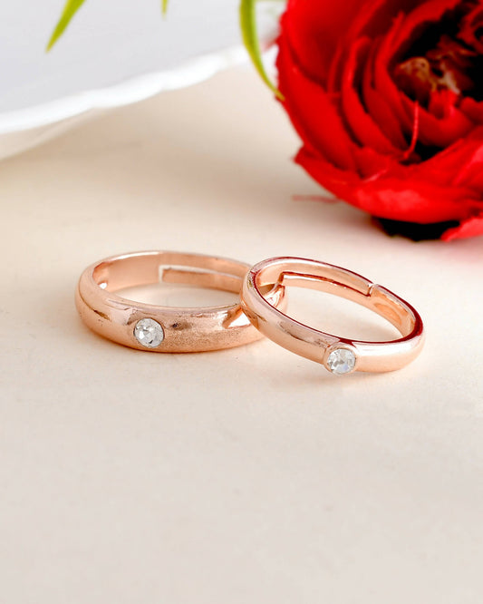 VOJ Stainless Steel Cubic Zirconia Gold-Polished Adjustable Couple Ring Set | Swadesiicart