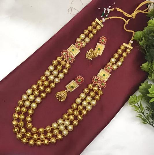 Jewel City Elegant Multi-Strand Gold Bead Temple Necklace Set with Floral Ruby-Emerald - Traditional South Indian Style Jewelry | Swadesiicart