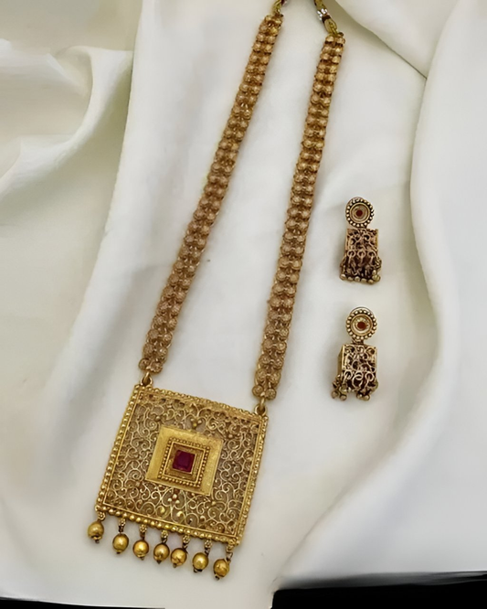 Jewel City Antique Gold-Plated Filigree Necklace Set – Traditional Long Haram with Ruby Accent | Swadesiicart