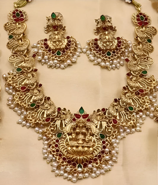 Jewel City Traditional Lakshmi Temple Necklace Set – Gold-Plated Bridal Jewelry with Pearls & Kemp Stones | Swadesiicart