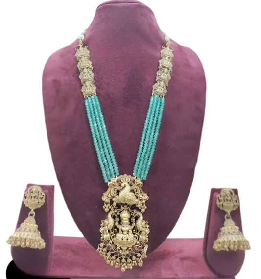 Jewel City Gold-Plated Temple Jewelry Set with Green Beads – Lakshmi & Peacock Design